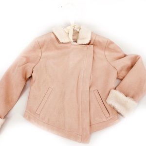 Girls Faux Sherpa Moto Jacket Blush Pink Soft Cozy Zip Front Size 5 NEW